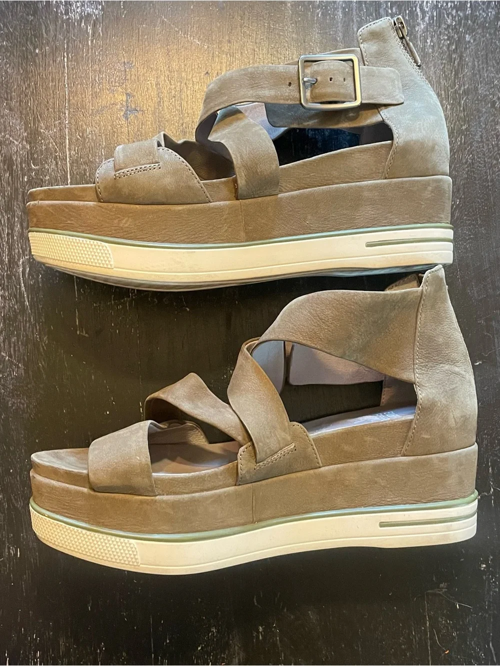 Eileen Fisher Olive-Tan Suede Crisscross Ankle Strap Sandals
